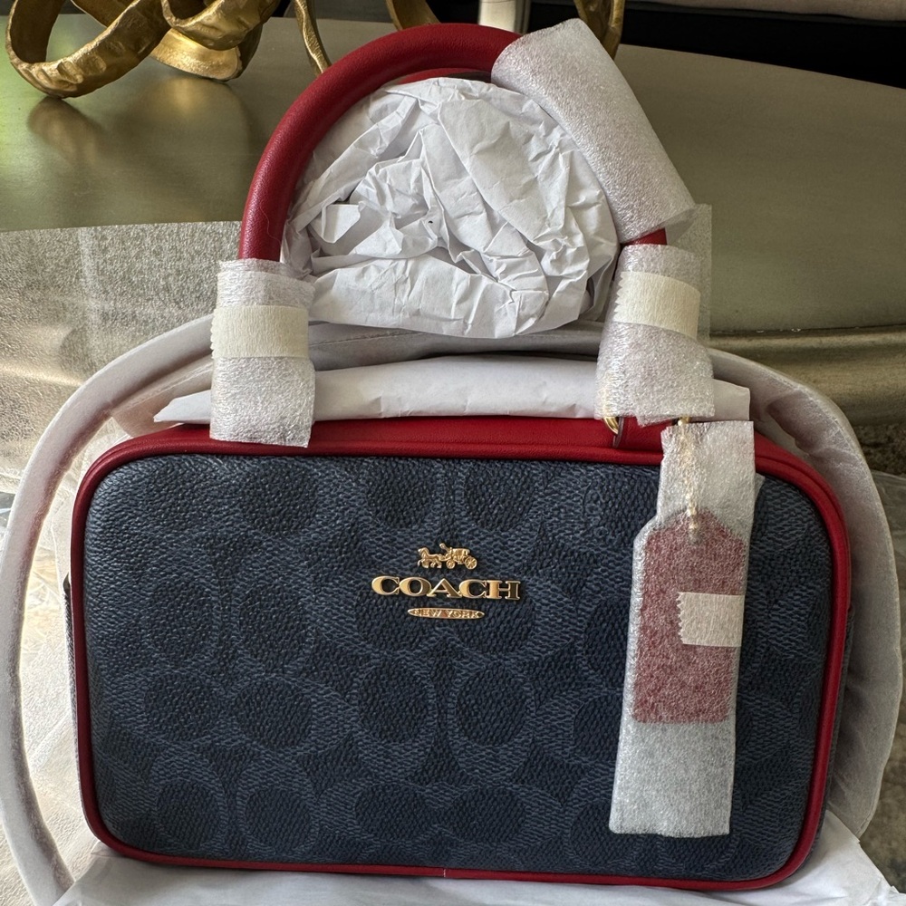 Satchel Crossbody Bag In Signature Canvas Denim/Bold Red CW197 - Picture 10 of 16